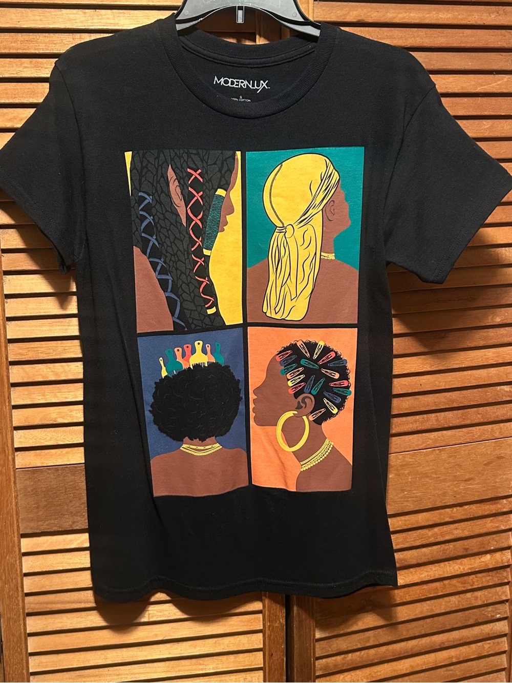 Modern Lux Black Short Sleeve Tee witht Multicolor Afrocentric Art Panel
